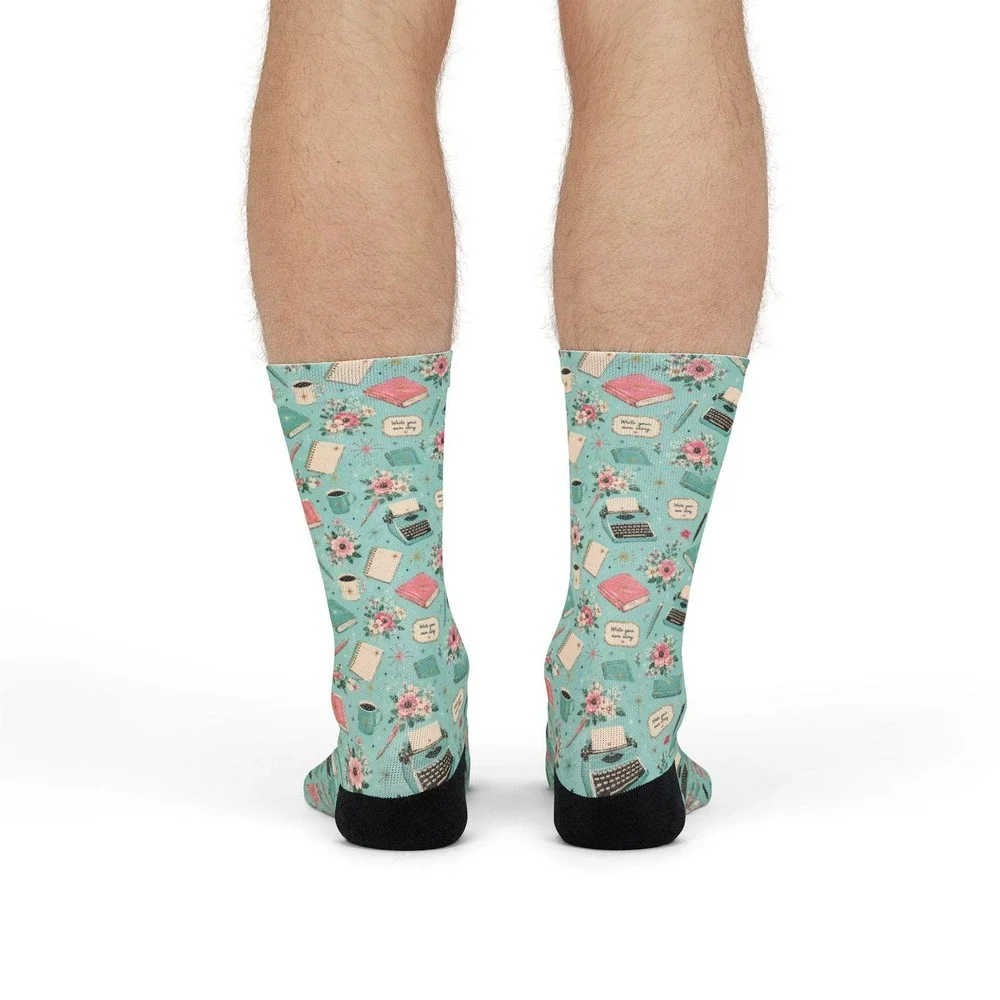Floral Typewriter Writer Crew Socks | Teacup Pattern, Mint‎ Floral Socks
